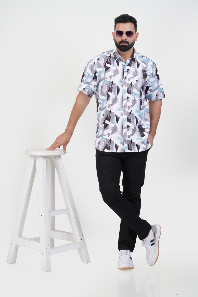Freeco Print Shirt – Half Sleeve (Ice Blue & Charcoal)