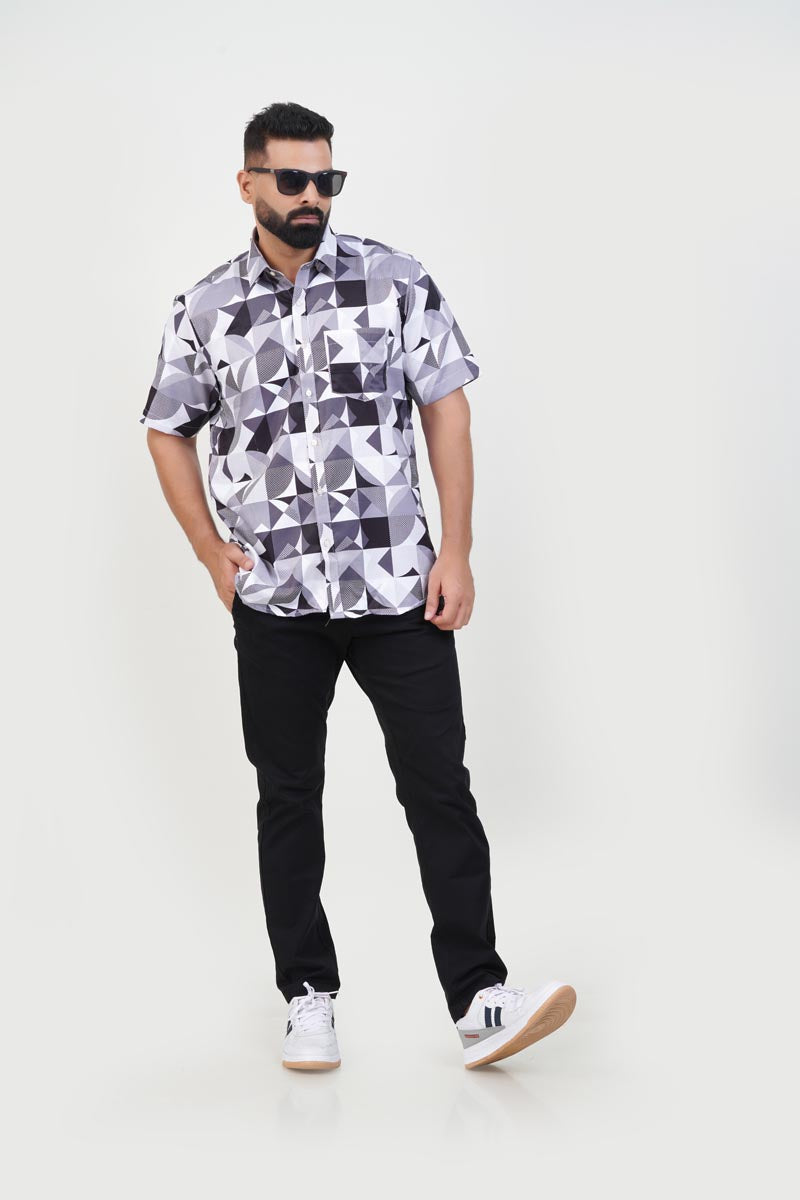 Freeco Print Shirt – Half Sleeve (Monochrome Geometric)