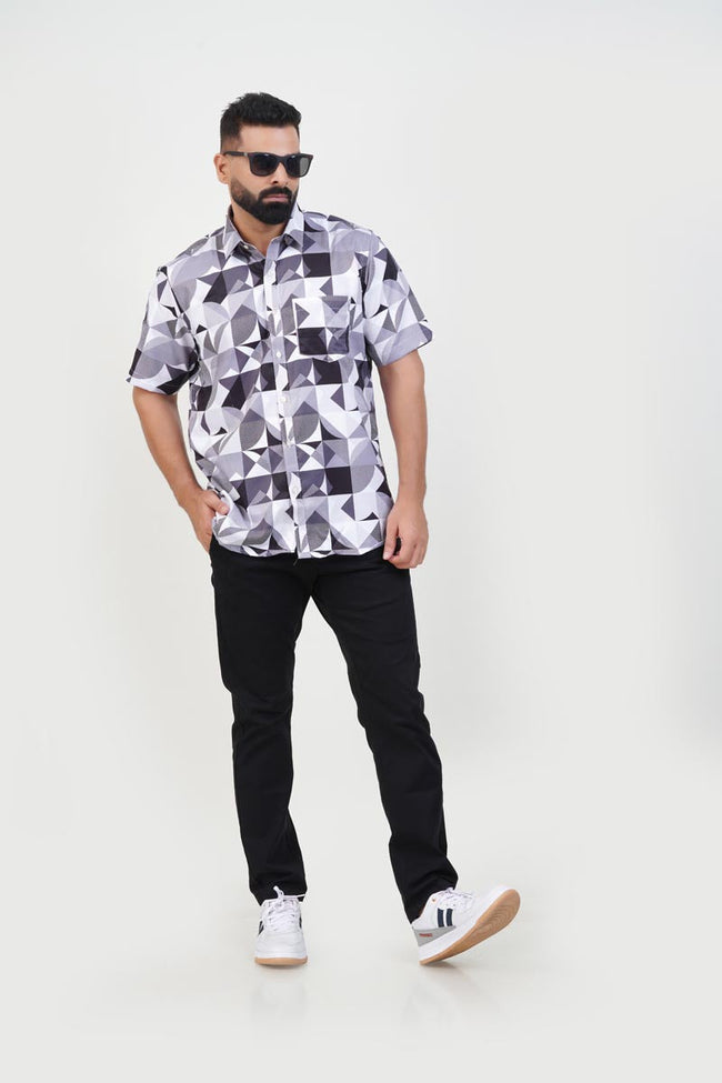 Freeco Print Shirt – Half Sleeve (Monochrome Geometric) Hover Image