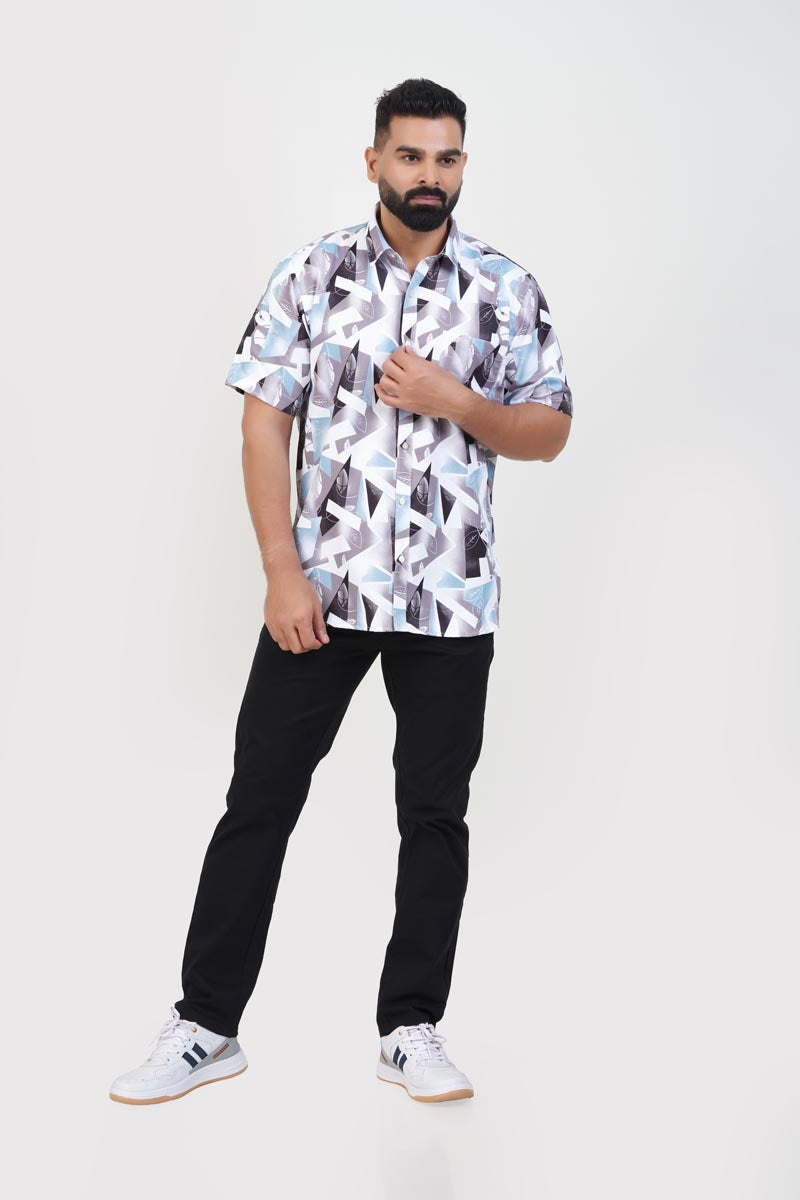 Freeco Print Shirt – Half Sleeve (Ice Blue & Charcoal)
