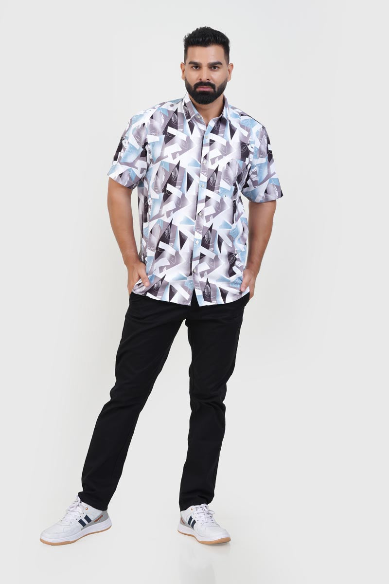 Freeco Print Shirt – Half Sleeve (Ice Blue & Charcoal)