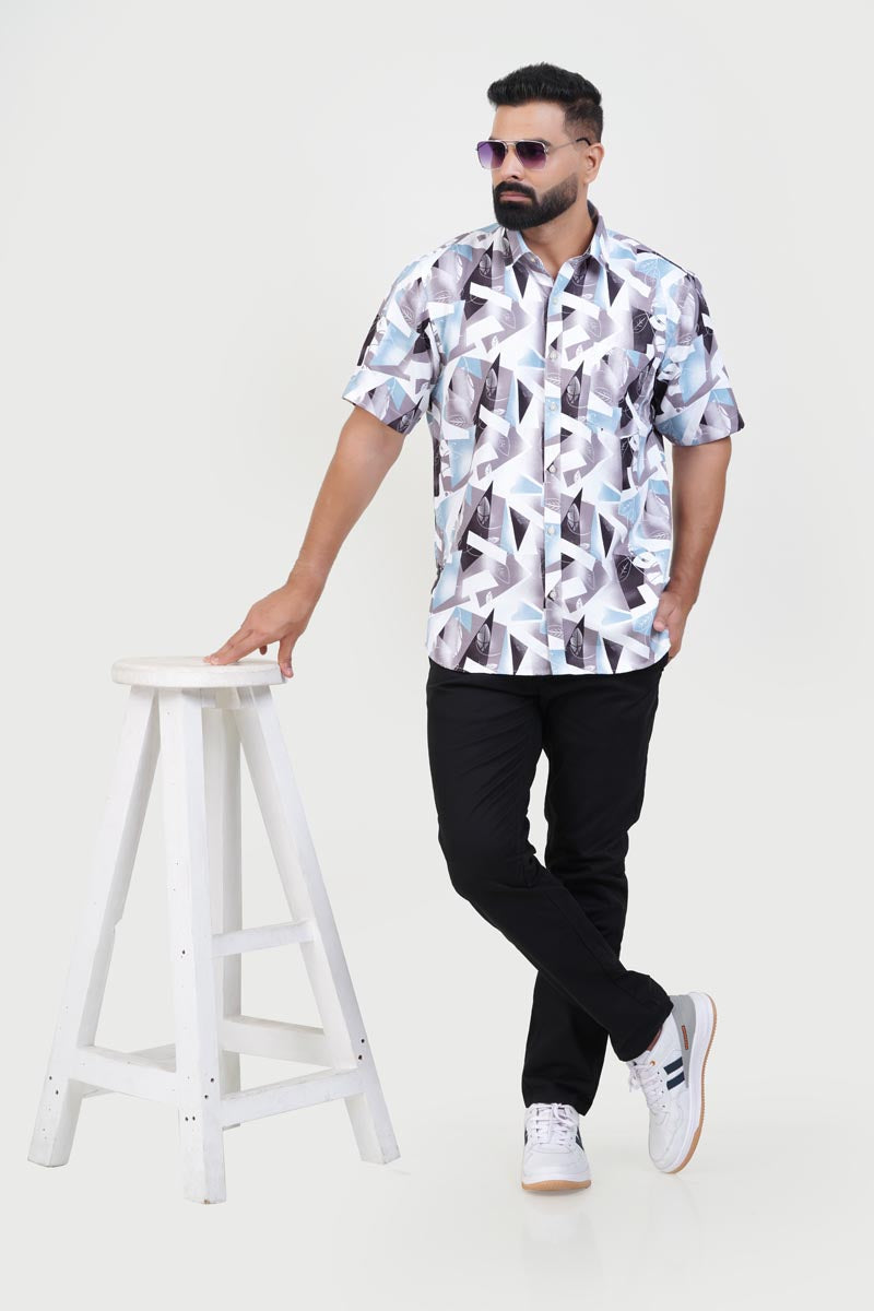 Freeco Print Shirt – Half Sleeve (Ice Blue & Charcoal)