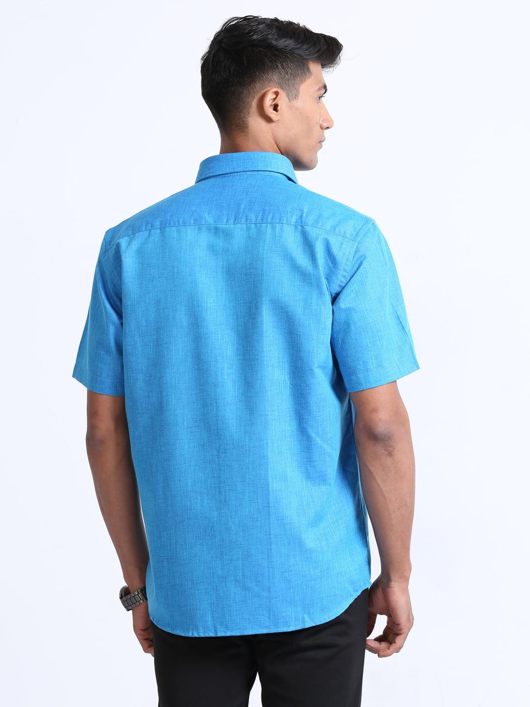 Cotton Linen Deep Sky Blue Colour Shirt Half Sleeve