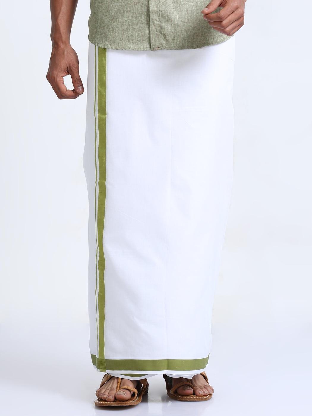 Green Border Cotton White Double Dhothie