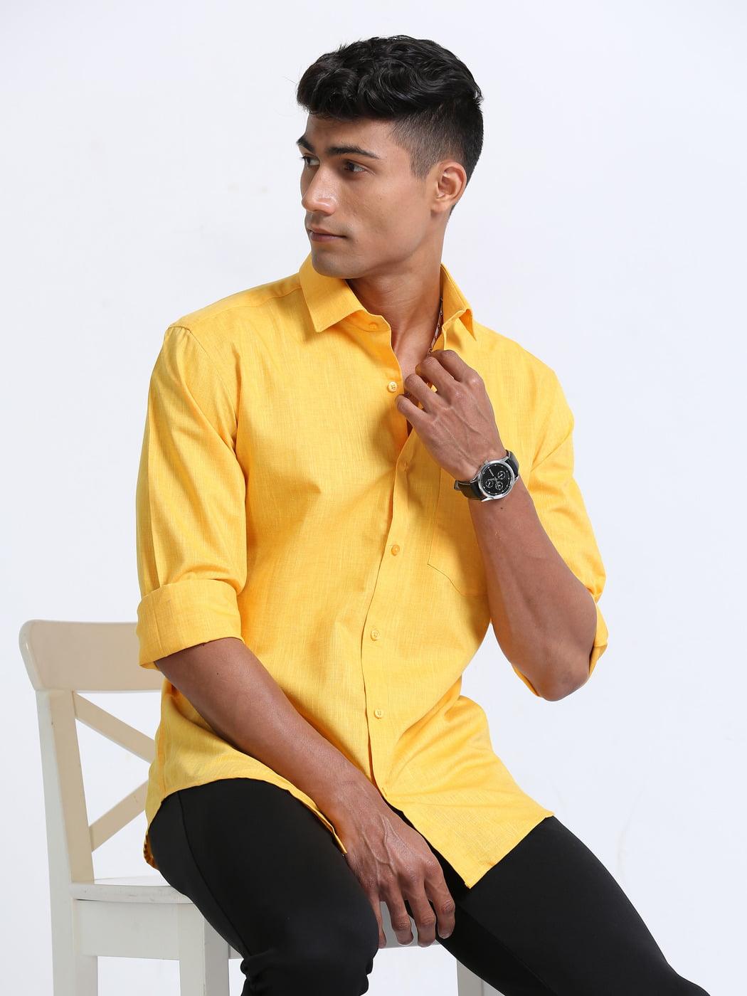 Cotton Linen Yellow Colour Shirt Full Sleeve