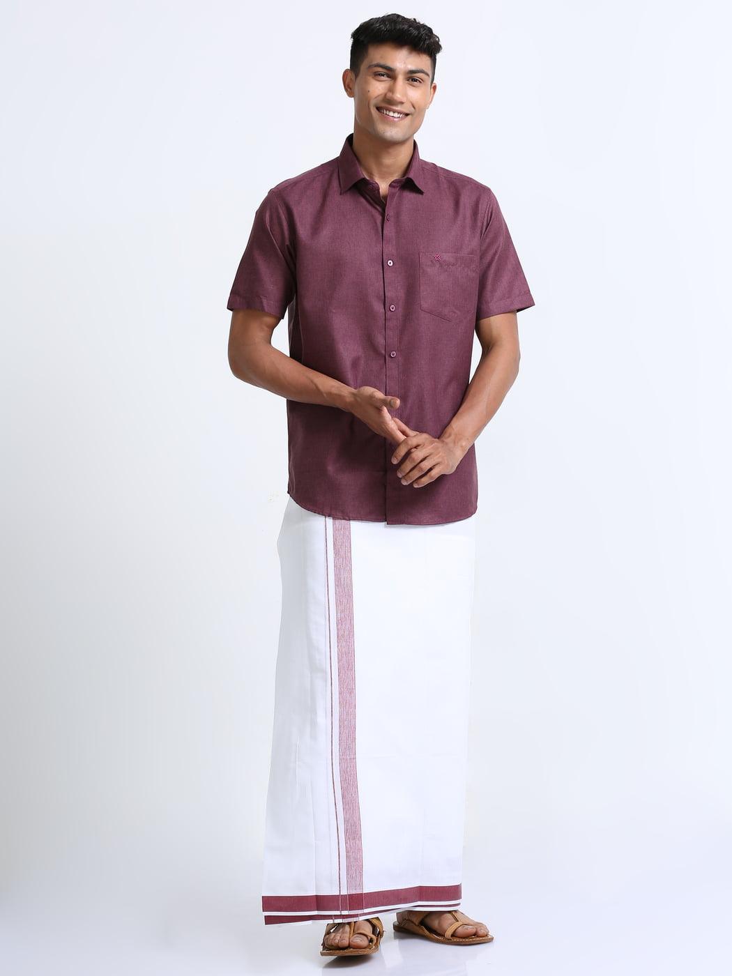 Rosy Brown Border Cotton Double Dhothie