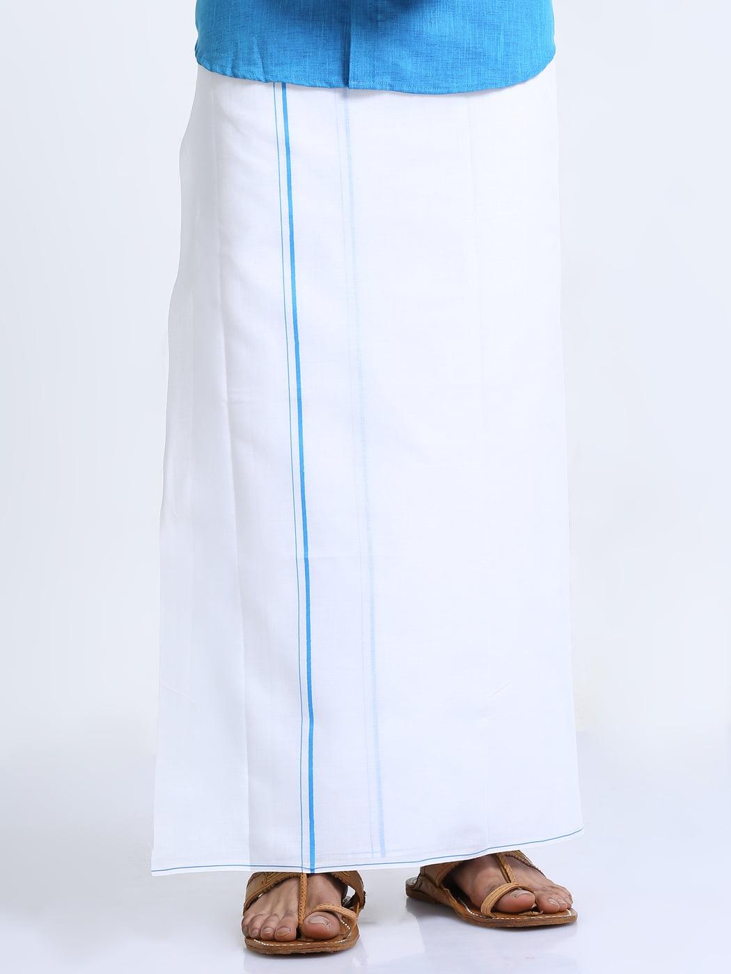 Blue Cotton White Double Dhothie