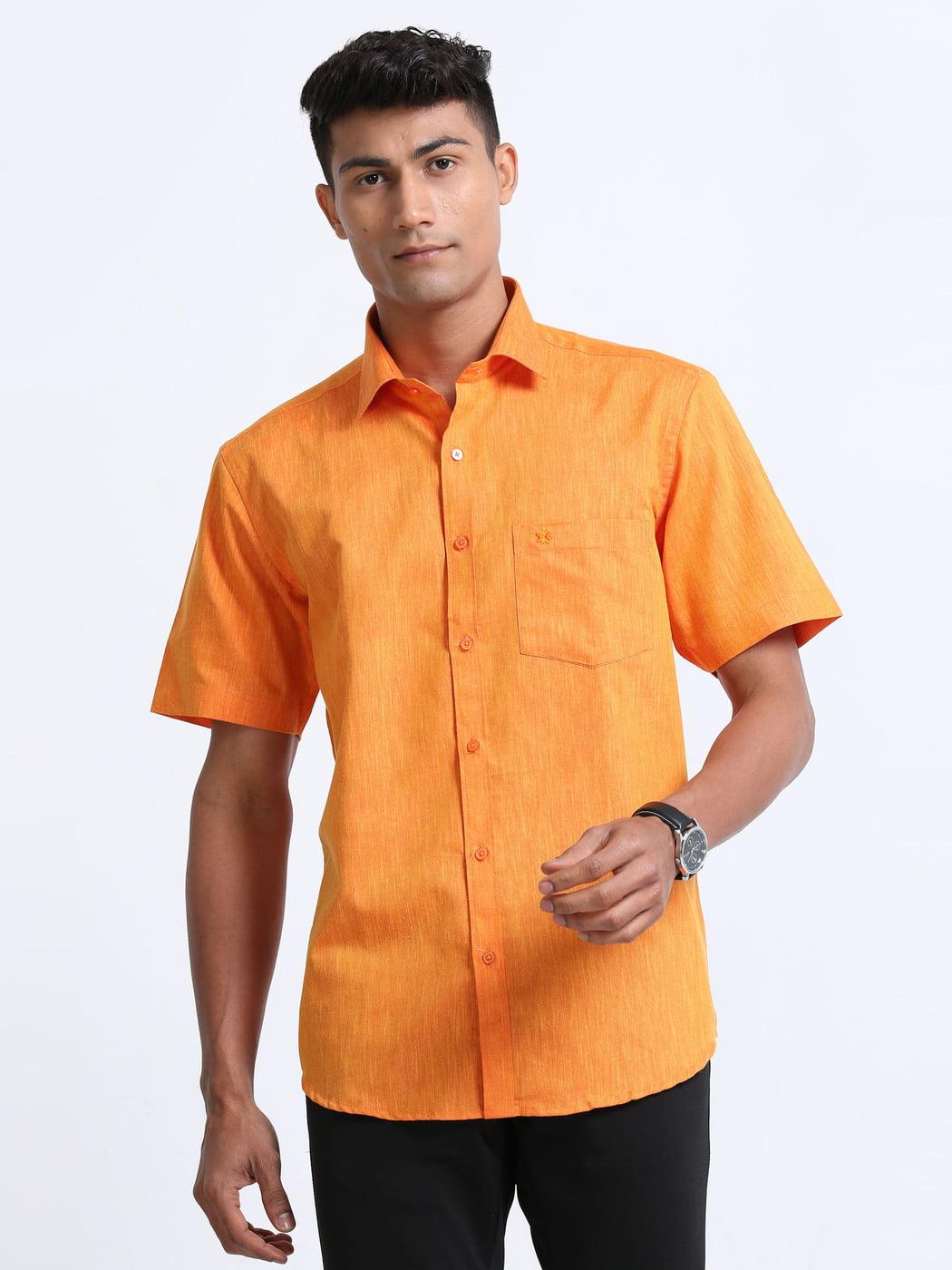 Cotton Linen Orange Colour Shirt Half Sleeve