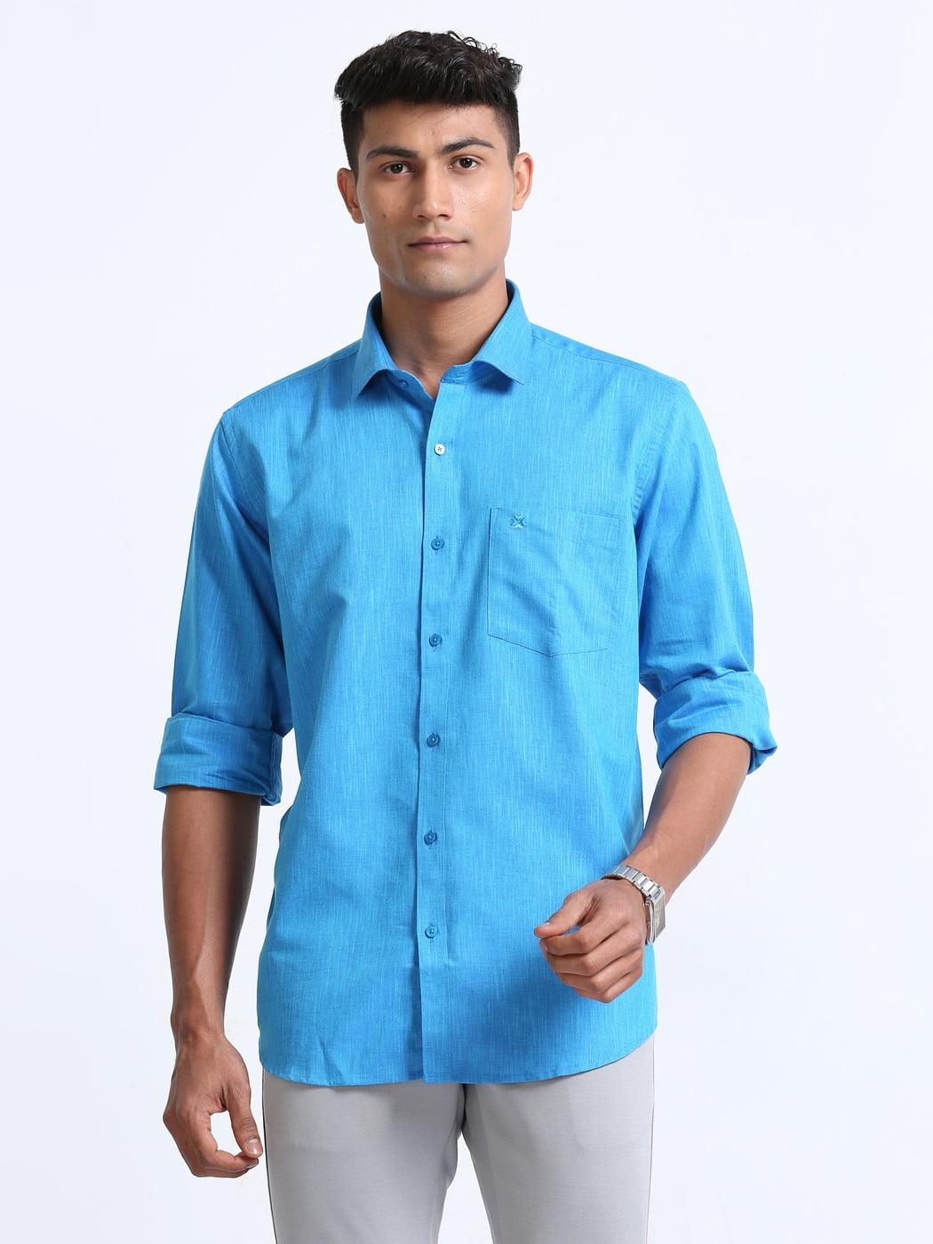 Cotton Linen Deep Sky Blue Colour Shirt Full Sleeve