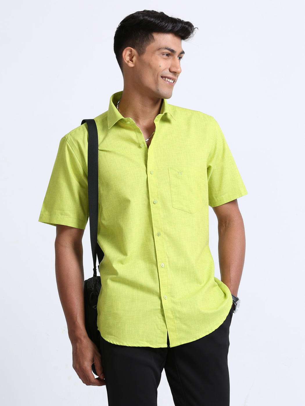 Cotton Linen Lime Green Colour Shirt Half Sleeve