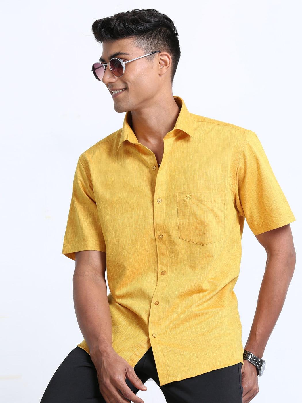 Cotton Linen Gold Colour Shirt Half Sleeve