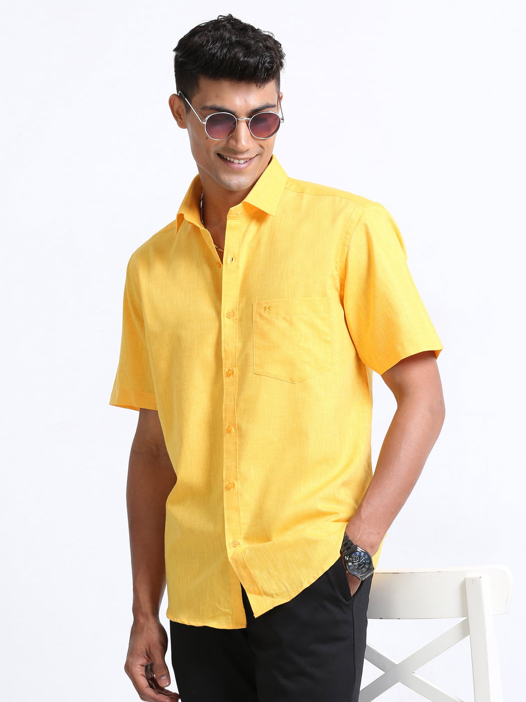 Cotton Linen Yellow Colour Shirt Half Sleeve