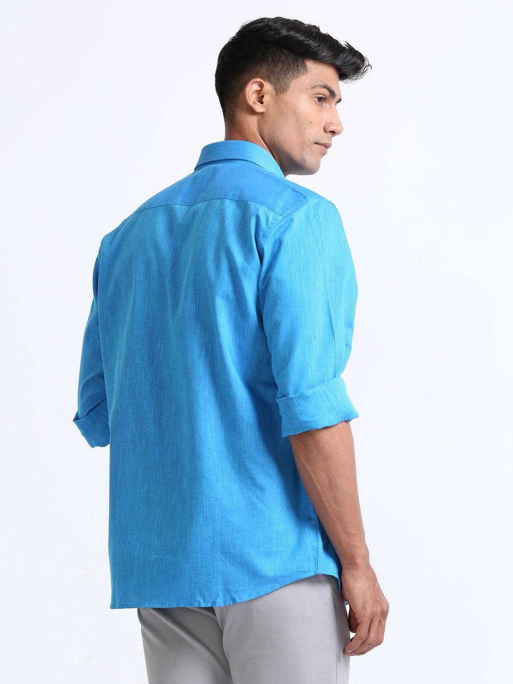 Cotton Linen Deep Sky Blue Colour Shirt Full Sleeve