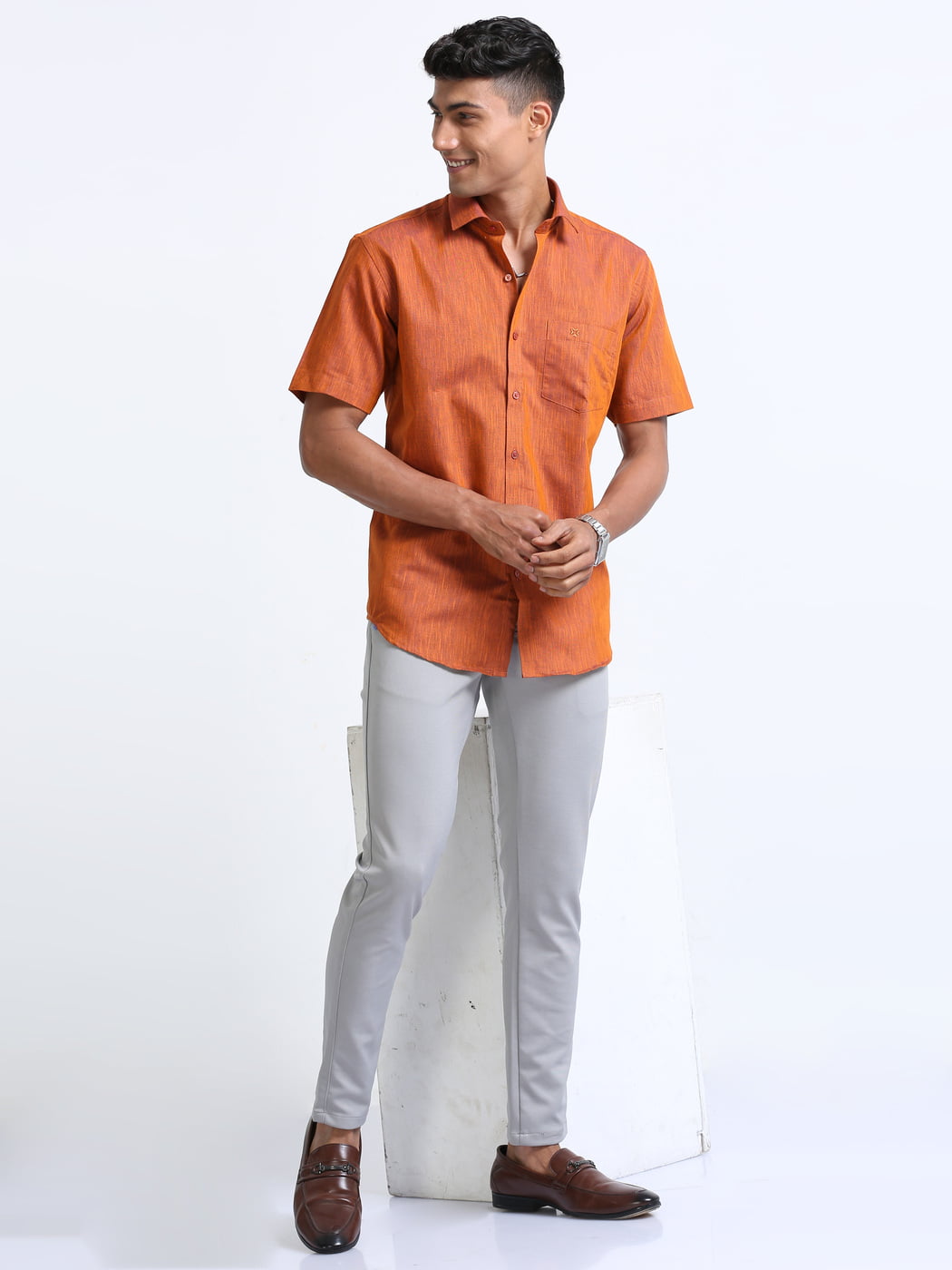 Cotton Linen Coral Colour Shirt Half Sleeve