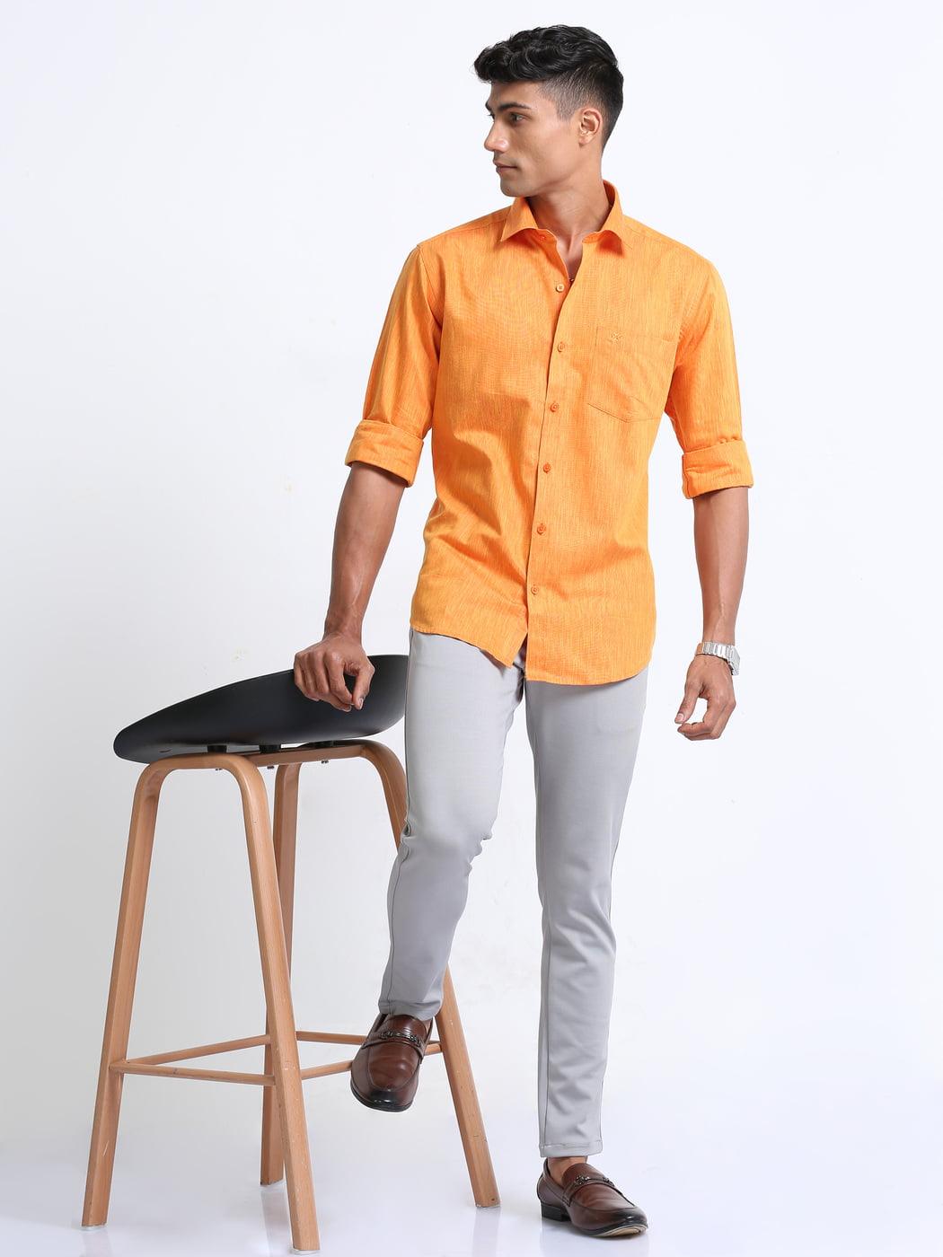 Cotton Linen Orange Colour Shirt Full Sleeve