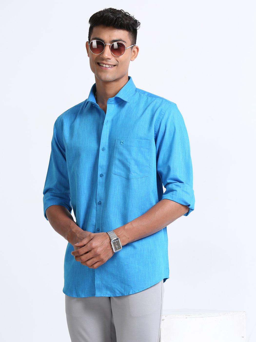 Cotton Linen Deep Sky Blue Colour Shirt Full Sleeve