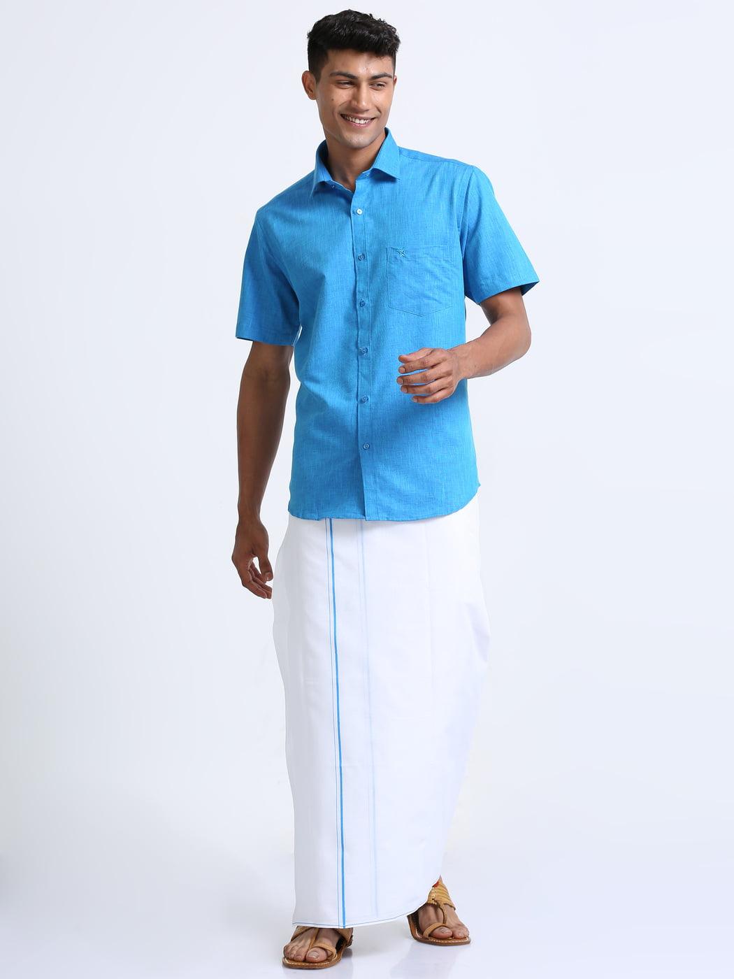 Blue Cotton White Double Dhothie