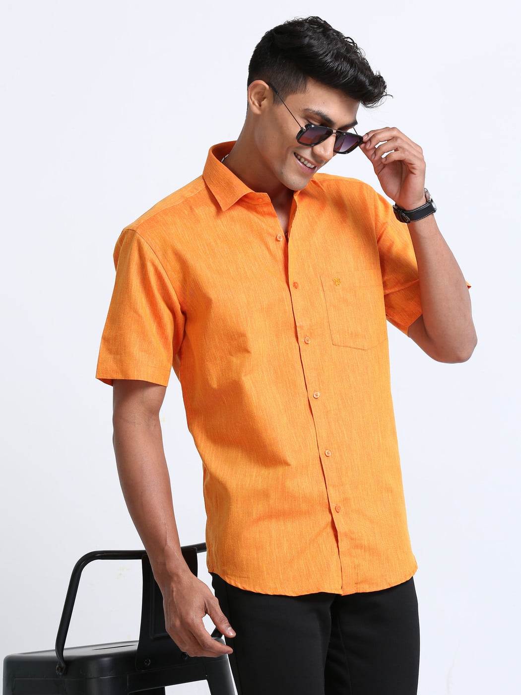 Cotton Linen Orange Colour Shirt Half Sleeve