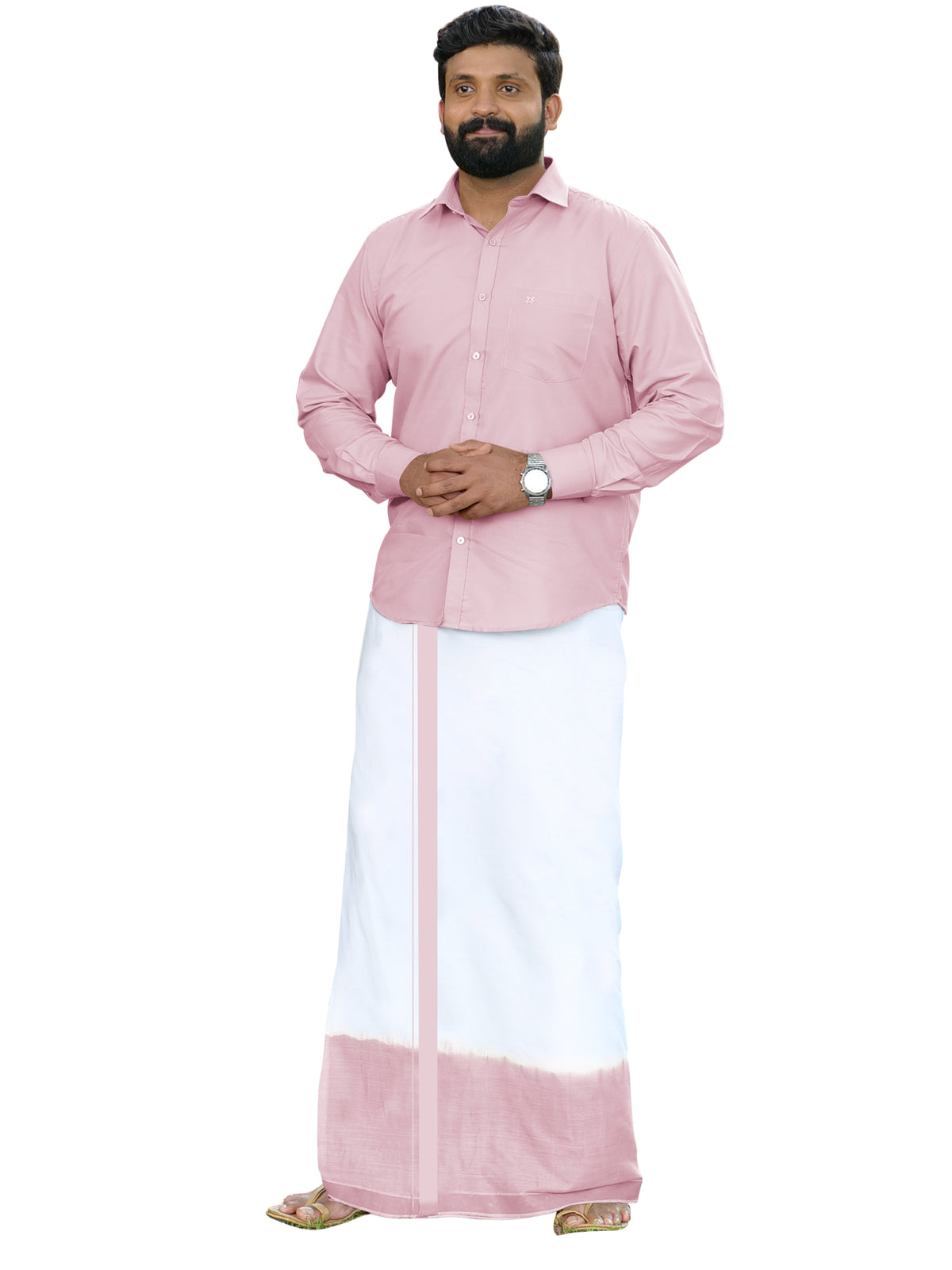 Pink Two Tone Double Dhothie + Shirt Set Full Sleeve