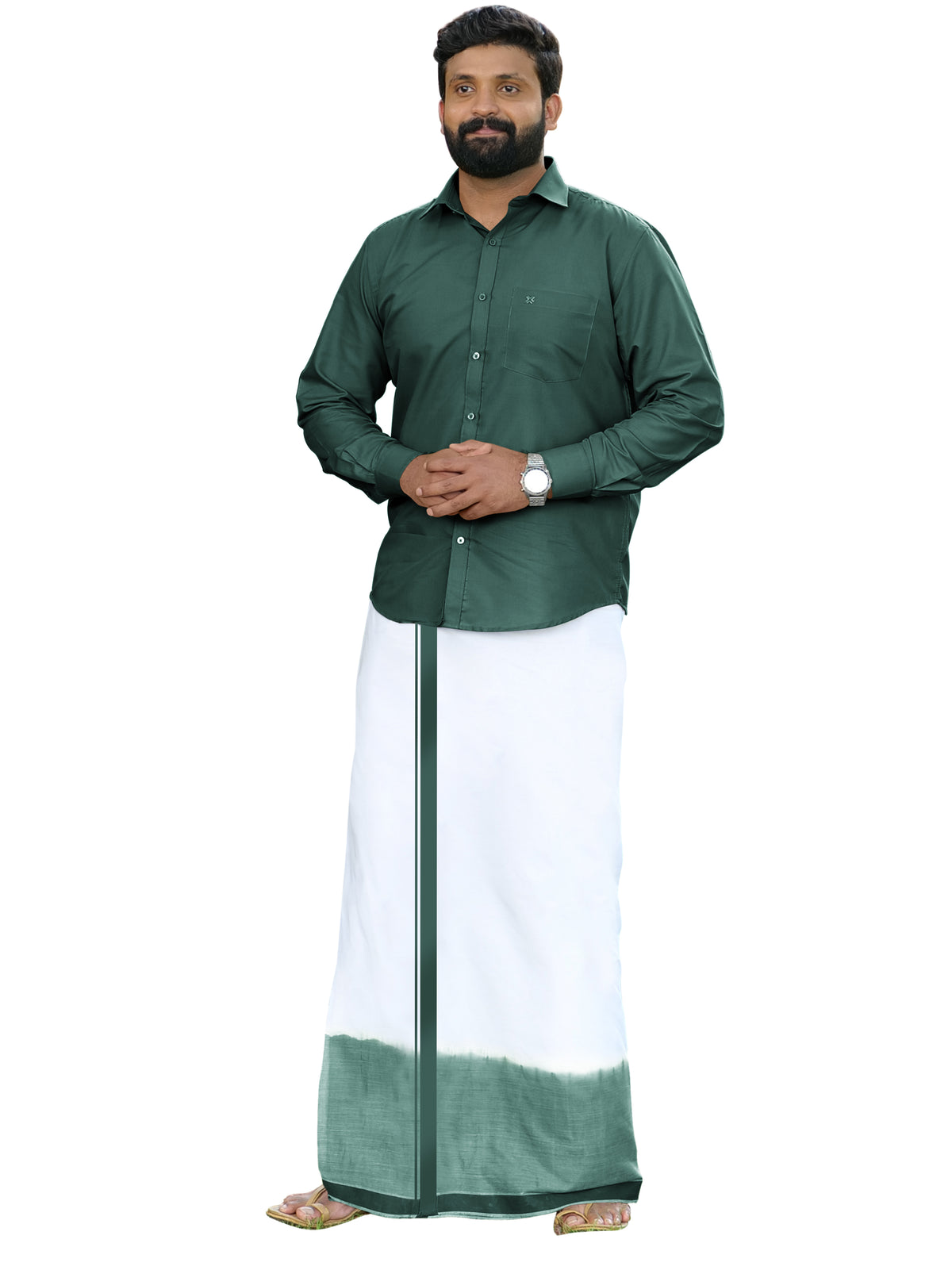 Green Two Tone Single Dhothie + Shirt Set Full Sleeve