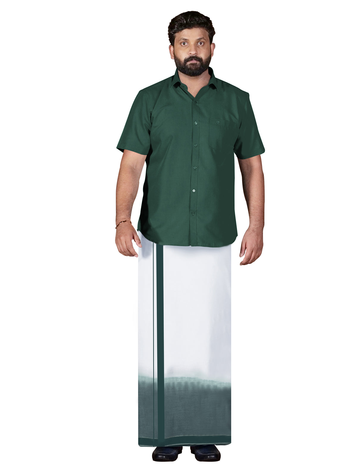 Green Two Tone Double Dhothie + Shirt Set Half Sleeve