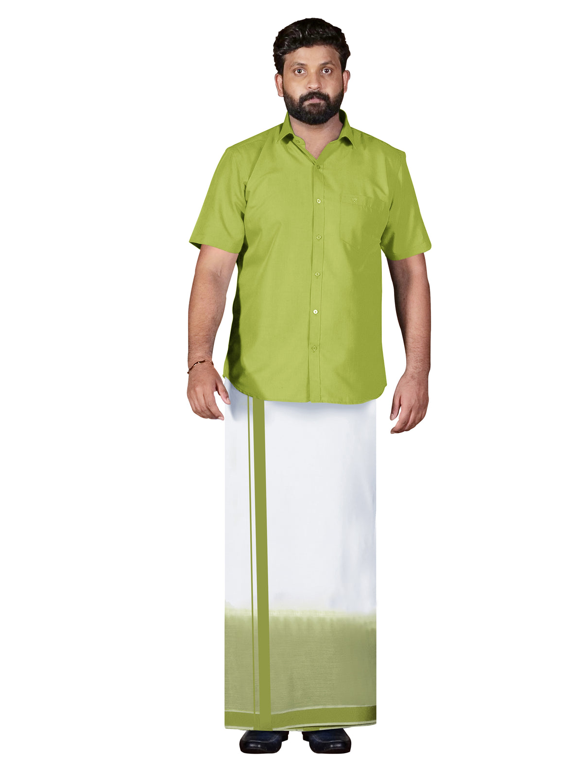 Dark Sea Green Two Tone Double Dhothie + Shirt Set Half Sleeve