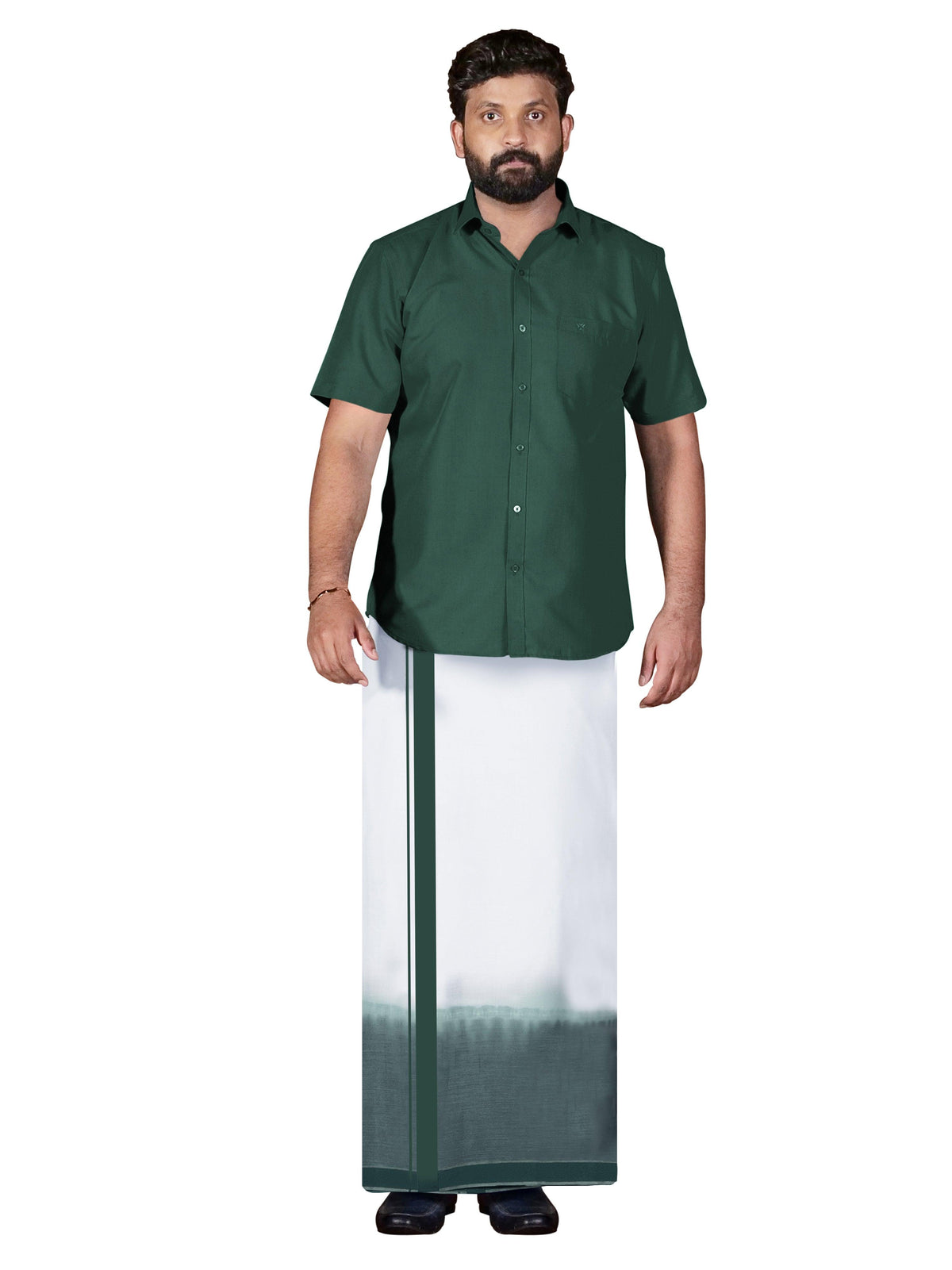 Green Two Tone Single Dhothie + Shirt Set Half Sleeve 43007