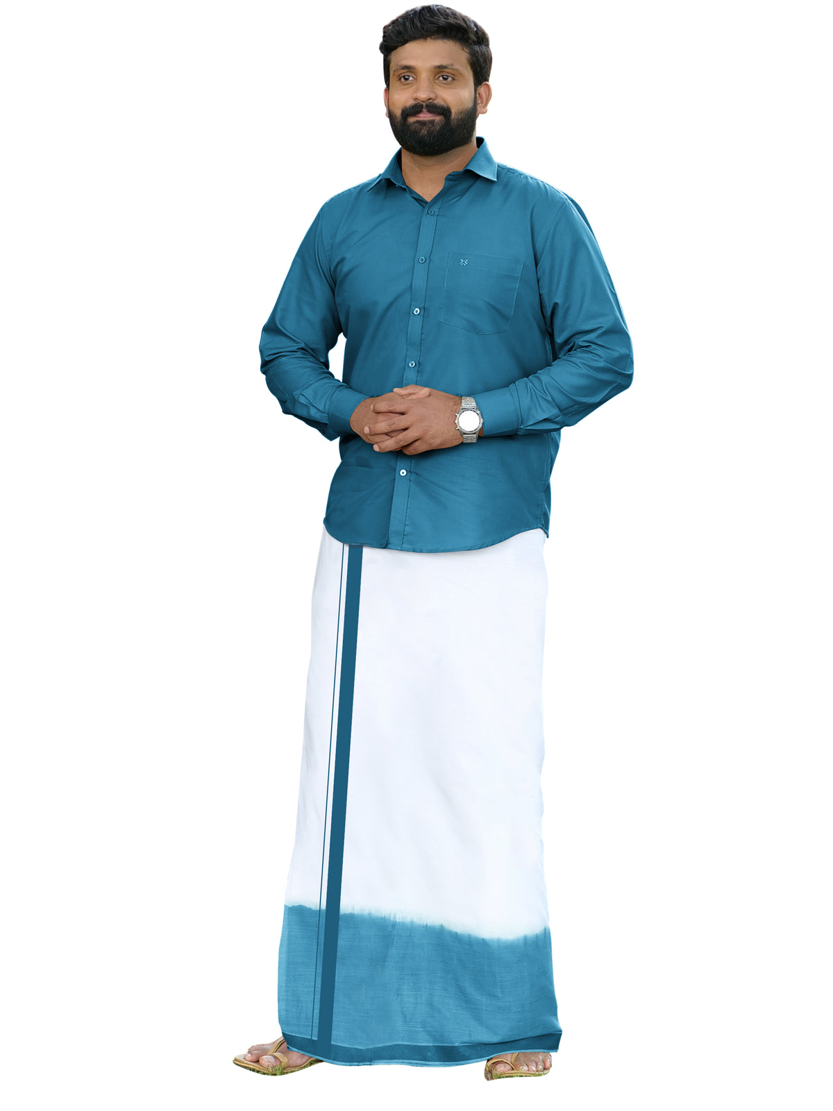 Peacock Green Two Tone Double Dhothie + Shirt Set Full Sleeve