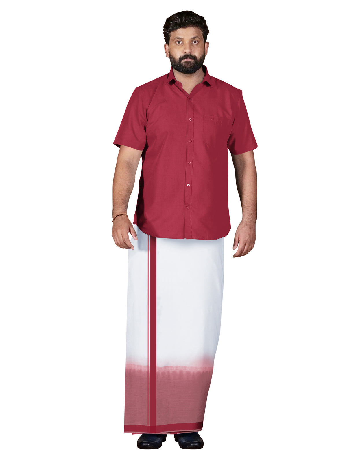 Red Two Tone Double Dhothie + Shirt Set Half Sleeve