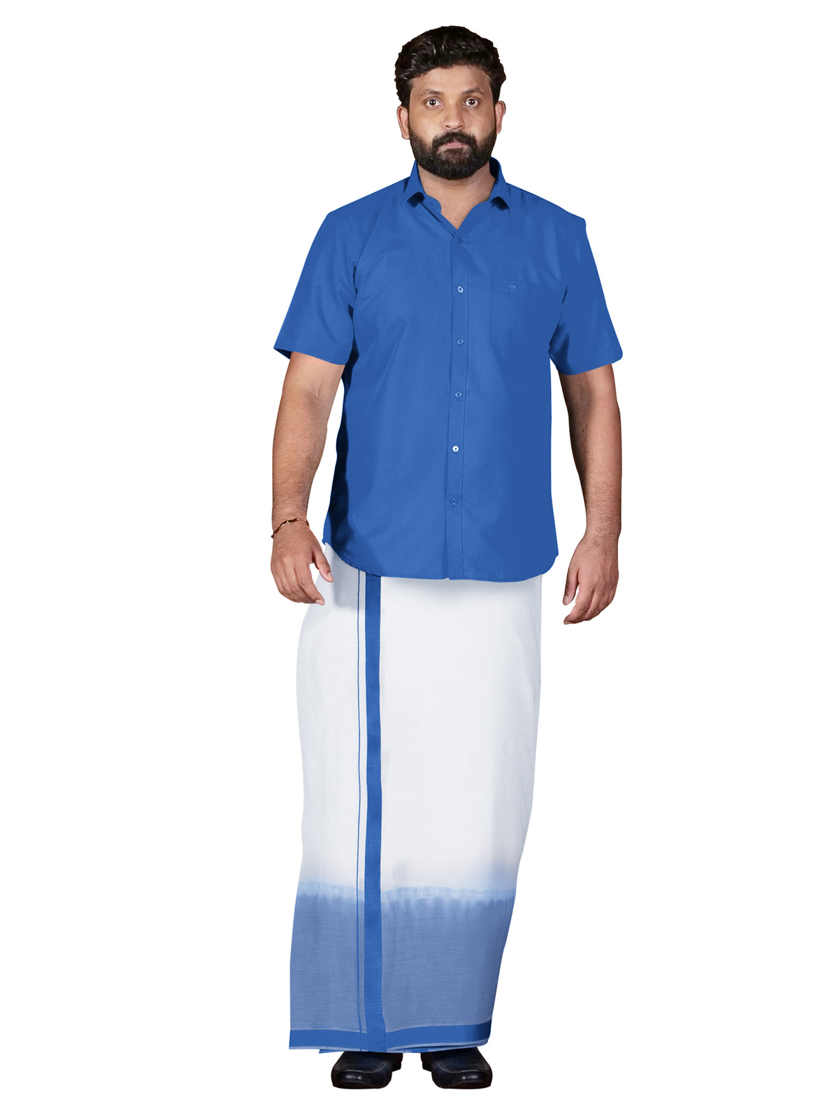 Blue Two Tone Double Dhothie + Shirt Set Half Sleeve