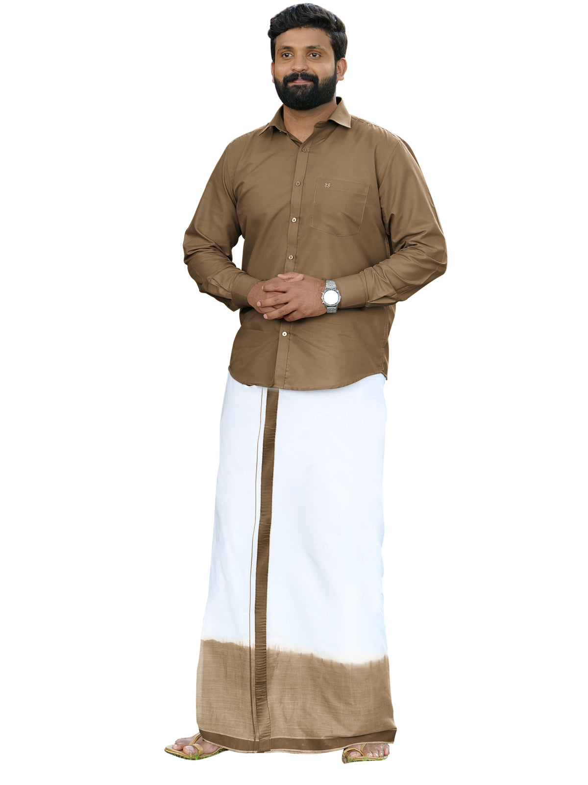 Brown Two Tone Single Dhothie + Shirt Set Full Sleeve