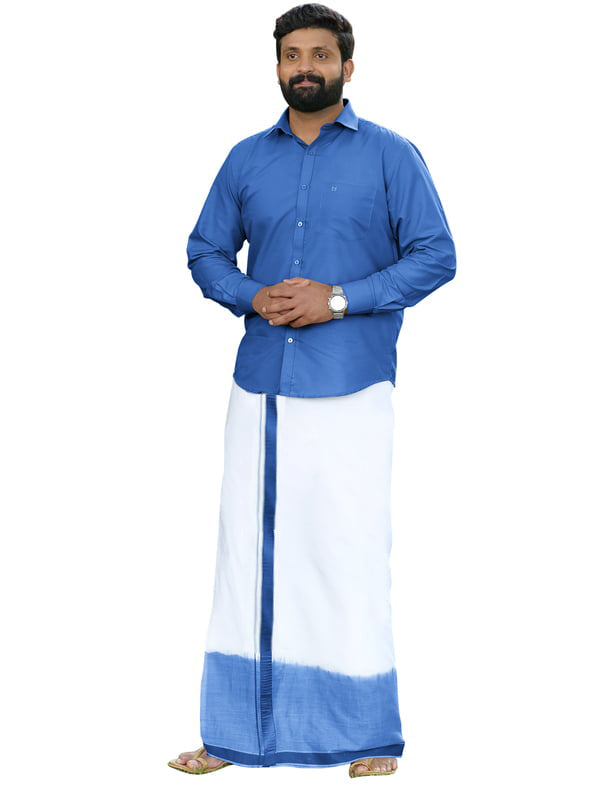 Blue Two Tone Single Dhothie + Shirt Set Full Sleeve