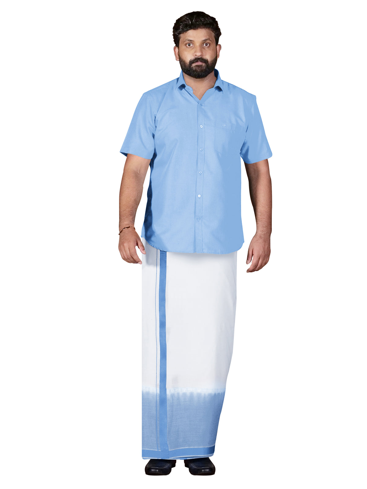 Sky Blue Two Tone Single Dhothie + Shirt Set Half Sleeve