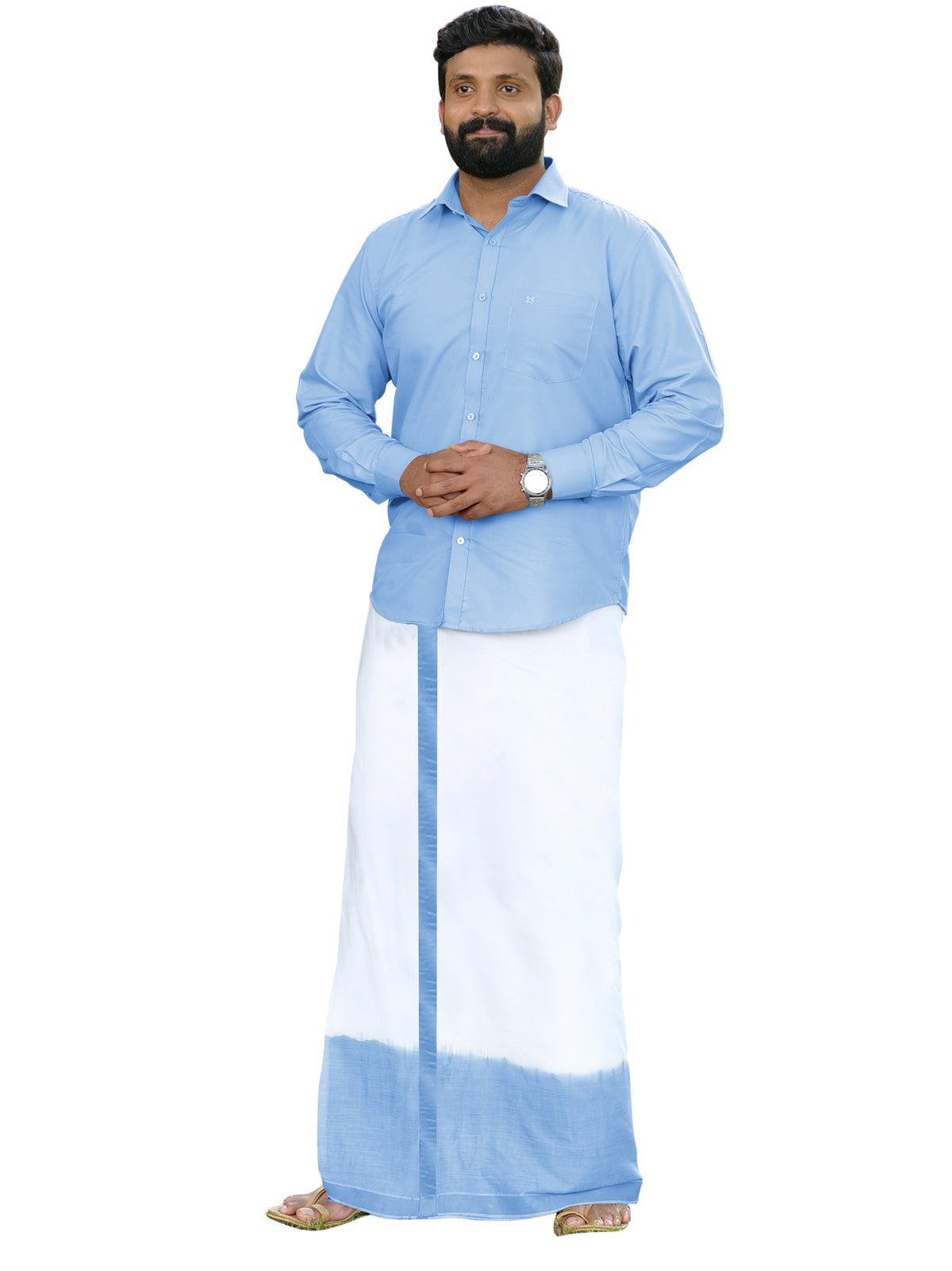 Sky Blue Two Tone Double Dhothie + Shirt Set Full Sleeve