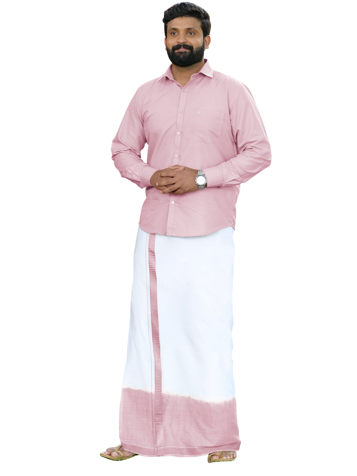 Pink Two Tone Single Dhothie + Shirt Set Full Sleeve