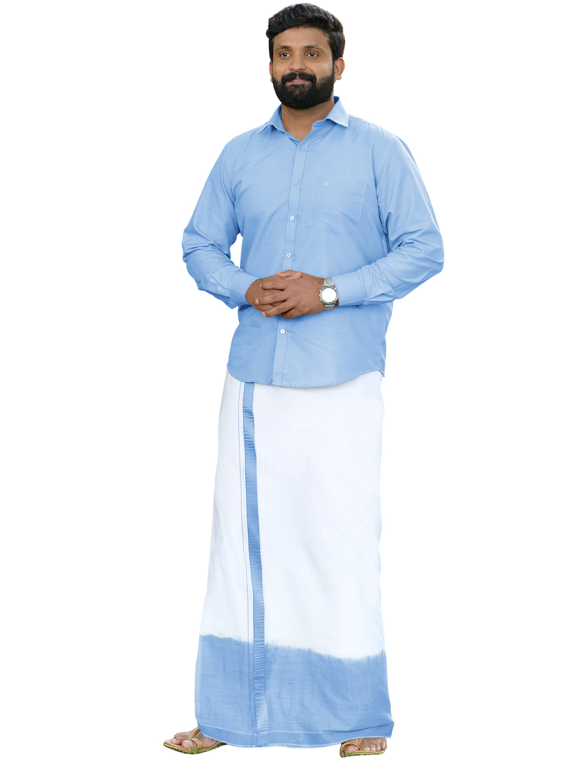 Sky Blue Two Tone Single Dhothie + Shirt Set Full Sleeve