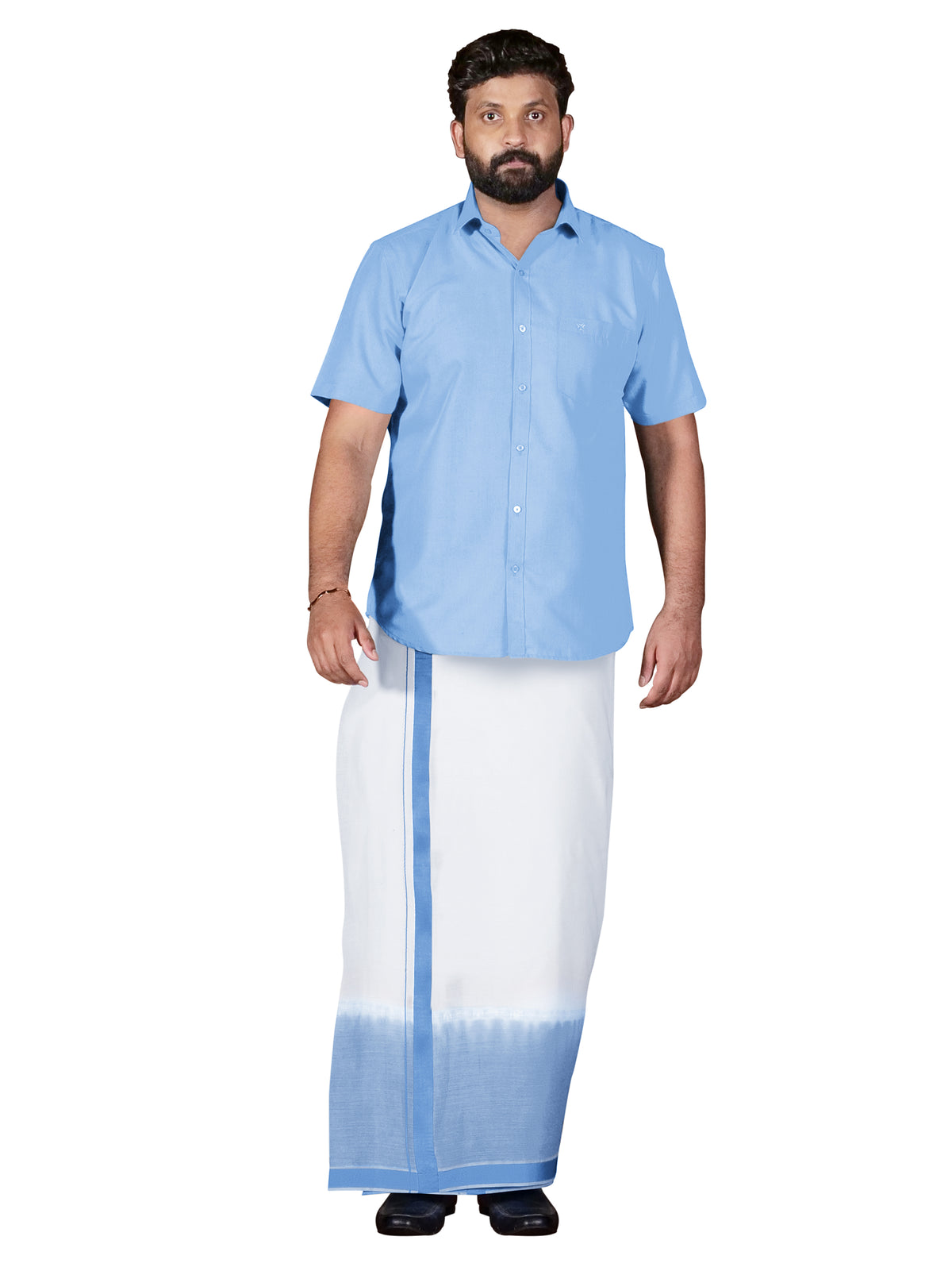 Sky Blue Two Tone Single Dhothie + Shirt Set Half Sleeve