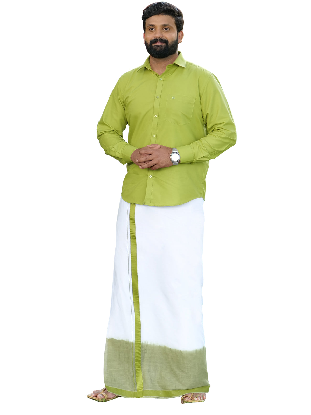 Dark Sea Green Two Tone Single Dhothie + Shirt Set Full Sleeve