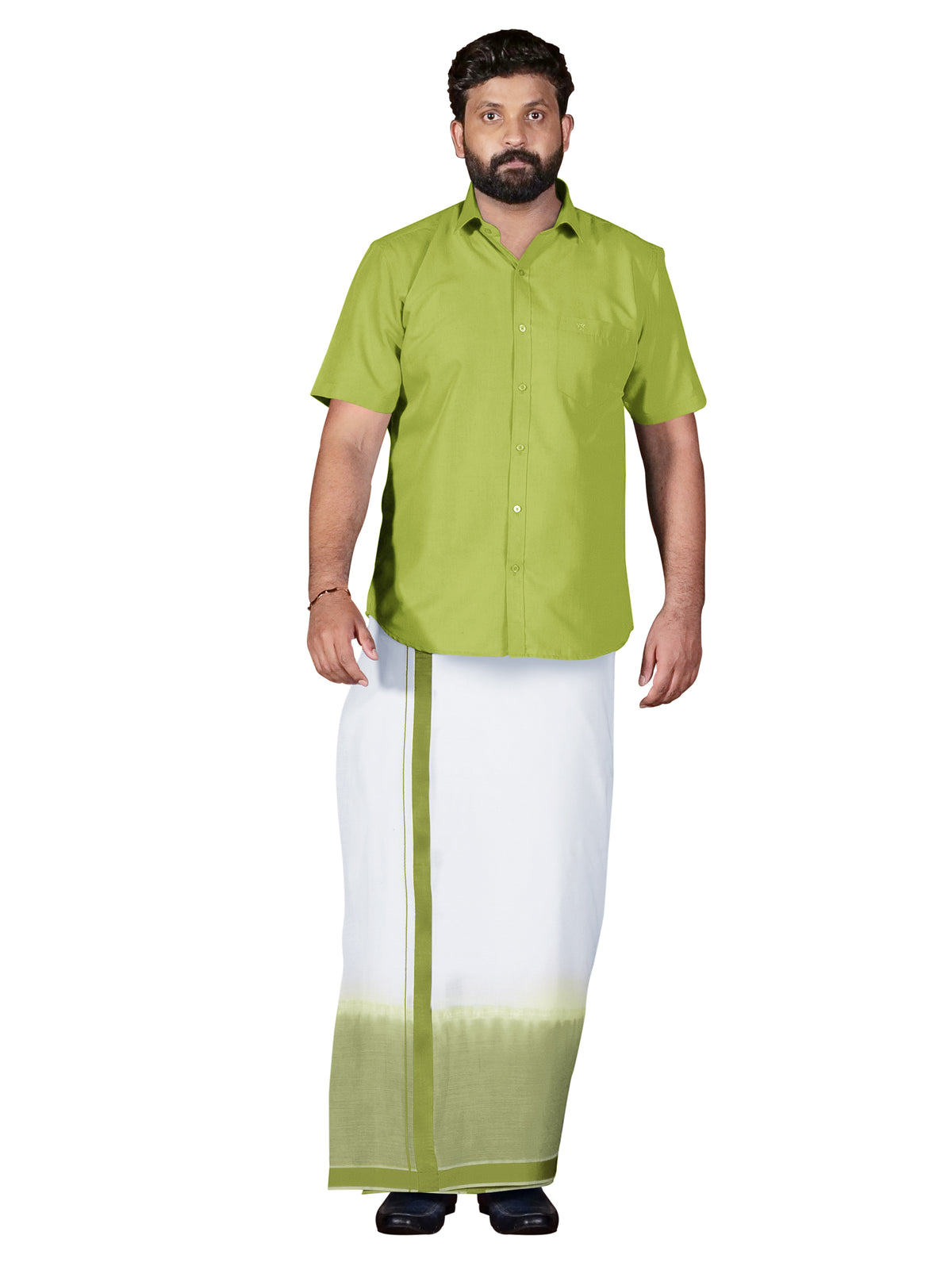 Dark Sea Green Two Tone Single Dhothie + Shirt Set Half Sleeve