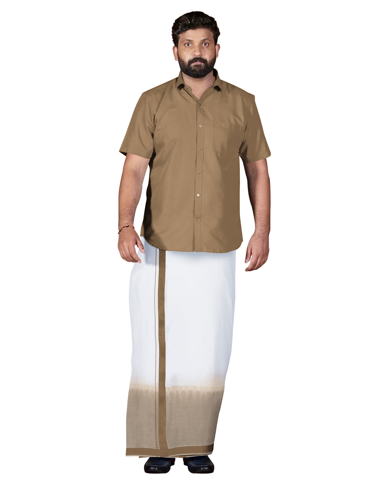 Brown Two Tone Single Dhothie + Shirt Set Half Sleeve