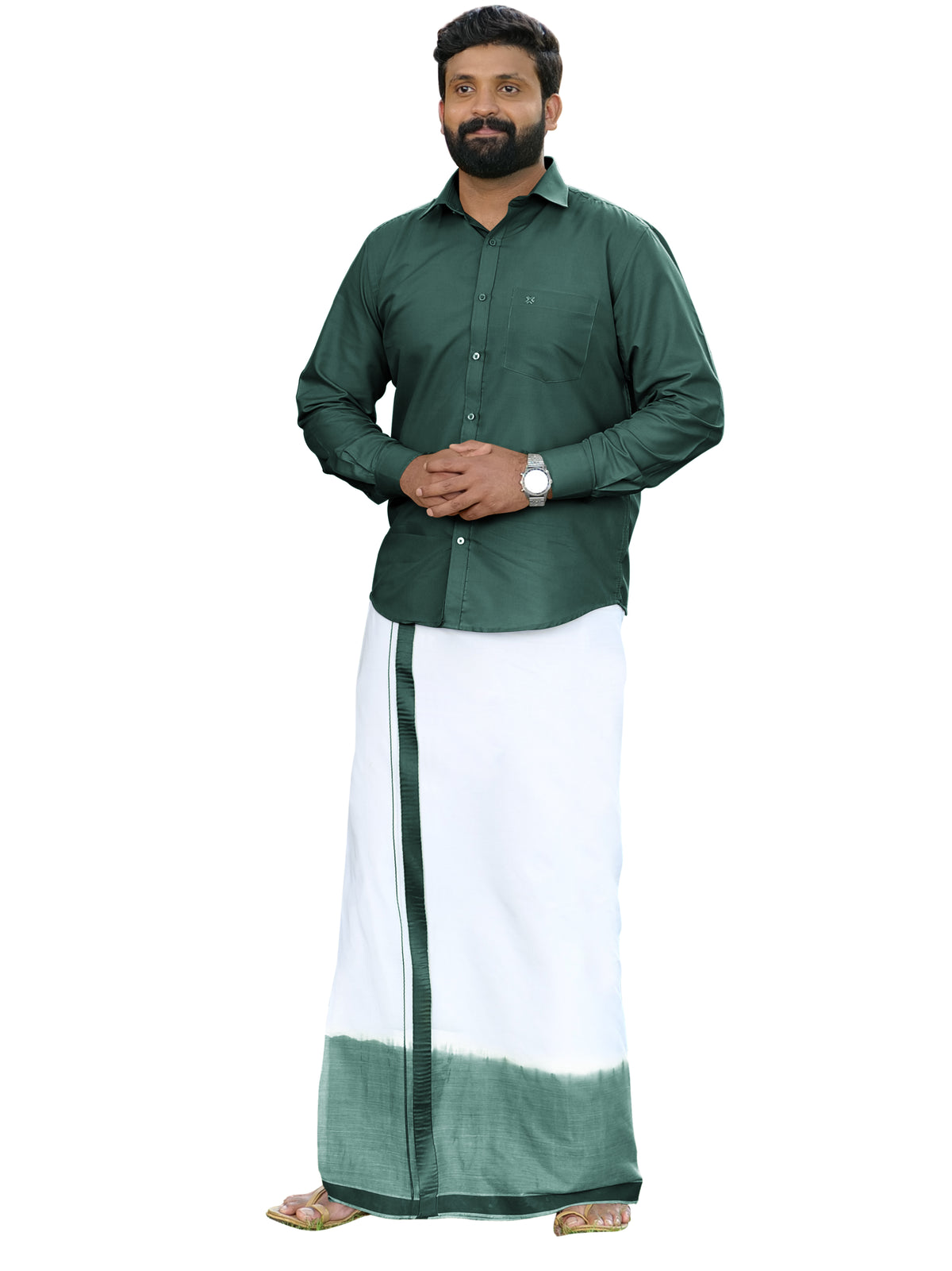 Green Two Tone Single Dhothie + Shirt Set Full Sleeve