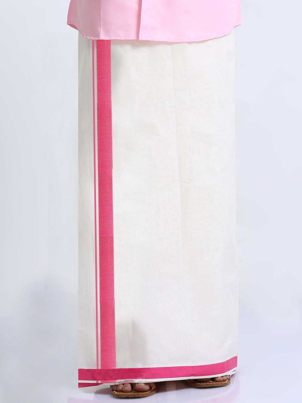 Pink Border Cotton Cream Double Dhothie