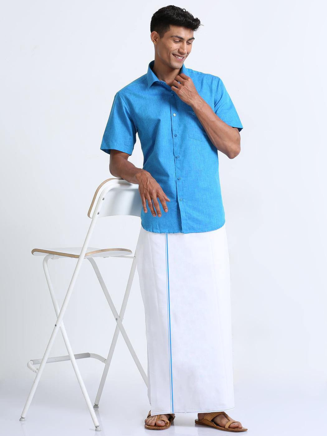 Blue Cotton White Double Dhothie