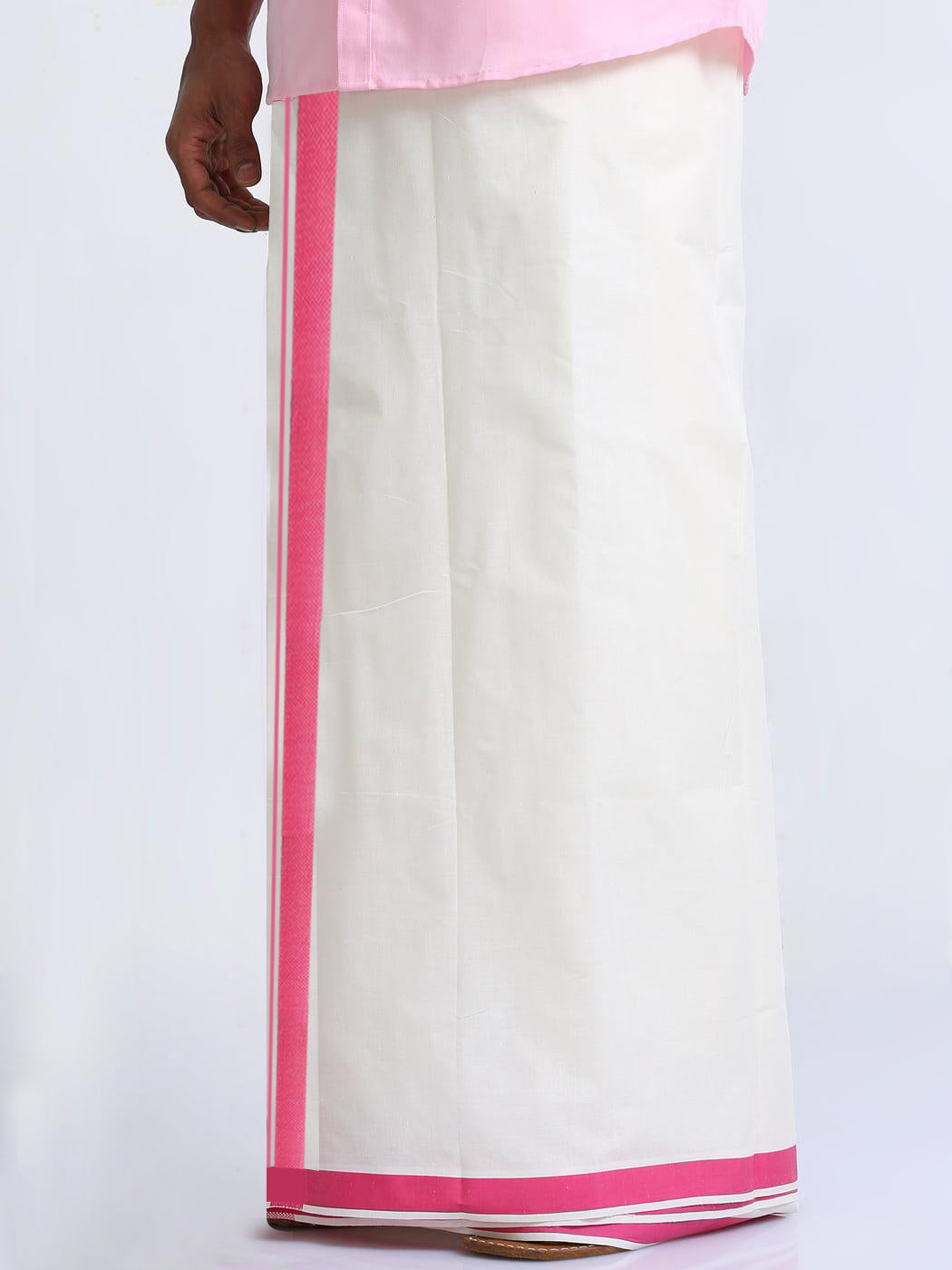 Pink Border Cotton Cream Double Dhothie