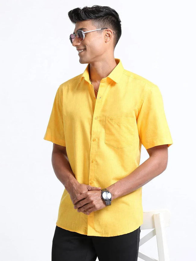 Cotton Linen Yellow Colour Half Sleeve Shirt Main Image