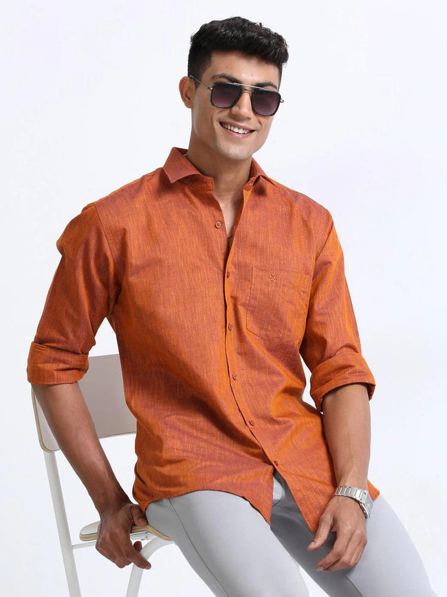 Cotton-Linen Orange colour shirt Full Sleeve Main Image