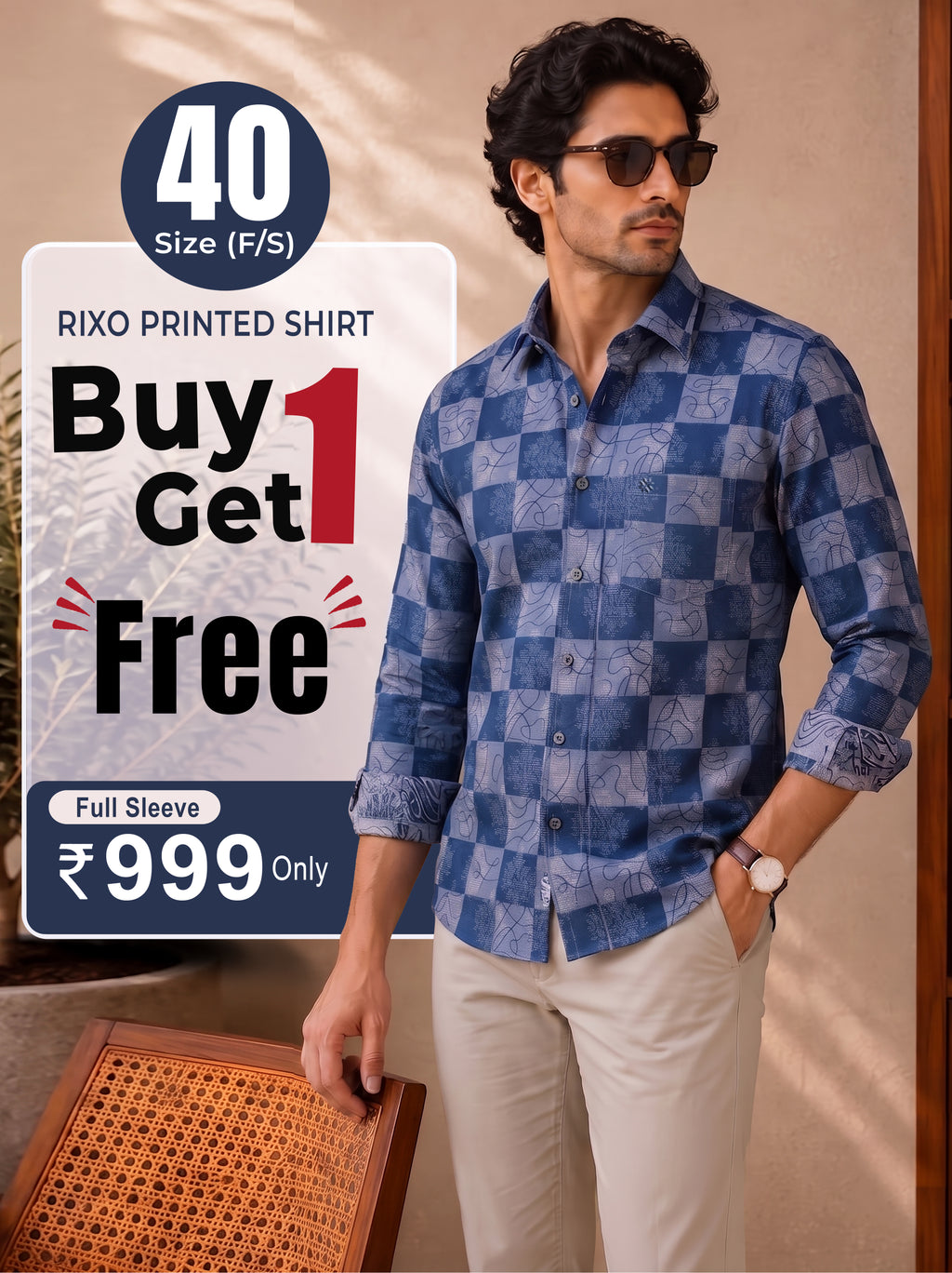Buy 1 get 1 free - Rixo Printed Shirt -40 Size (Full Sleeve)