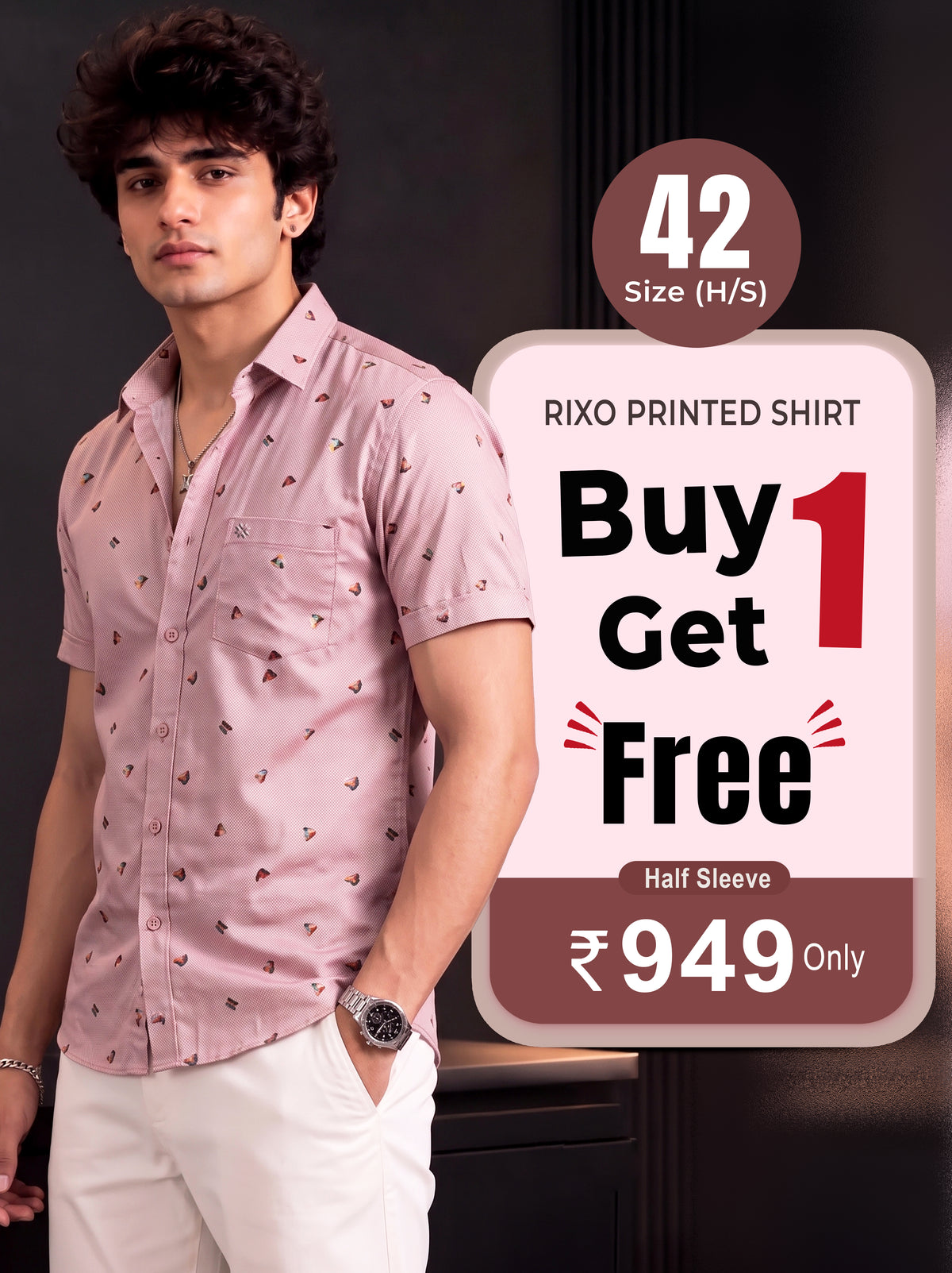 Buy 1 get 1 free - Rixo Printed Shirt -42 Size (Half Sleeve)