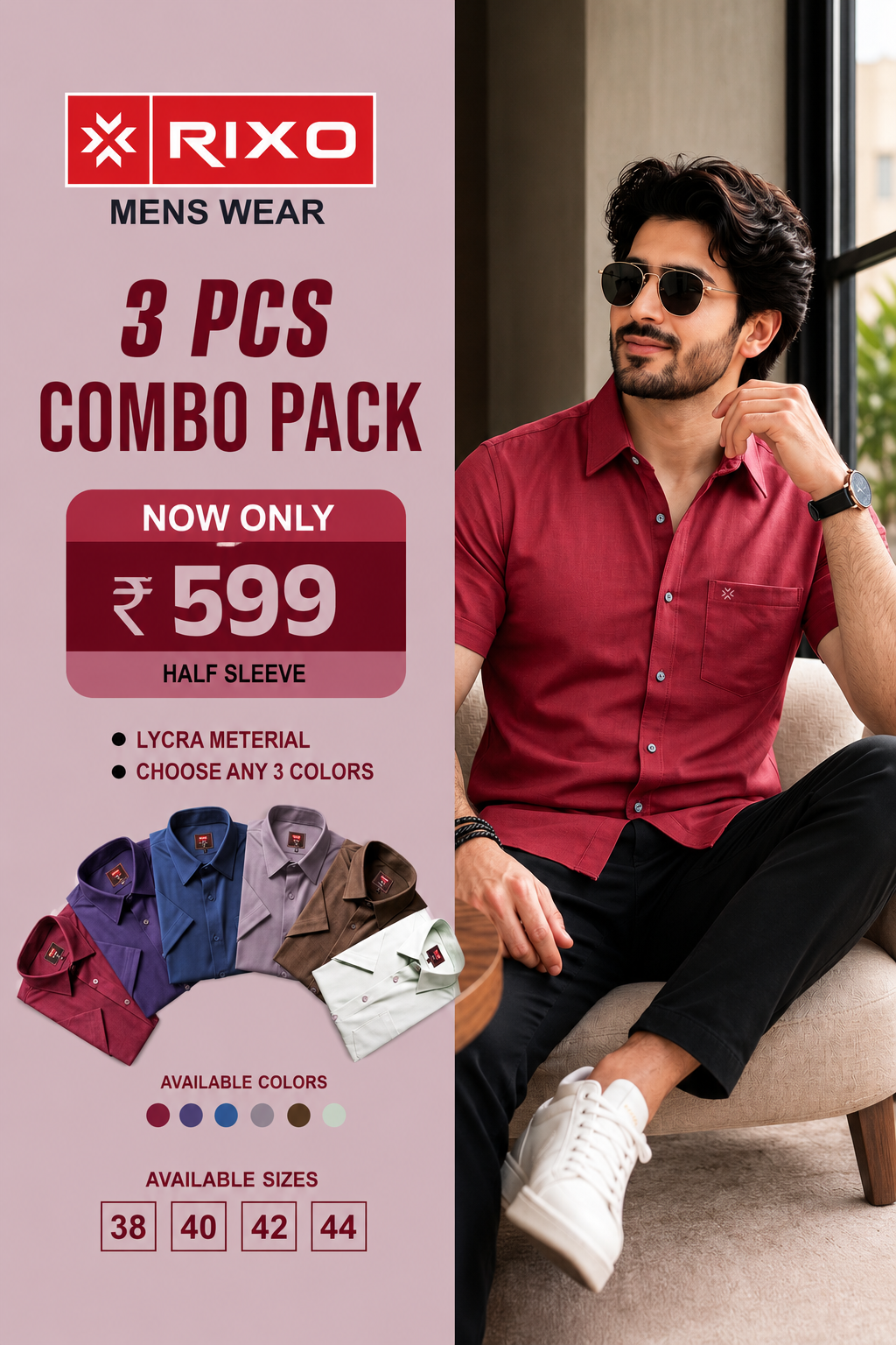 3 Pcs Combo Half Sleeve Lycra Shirts - size 42