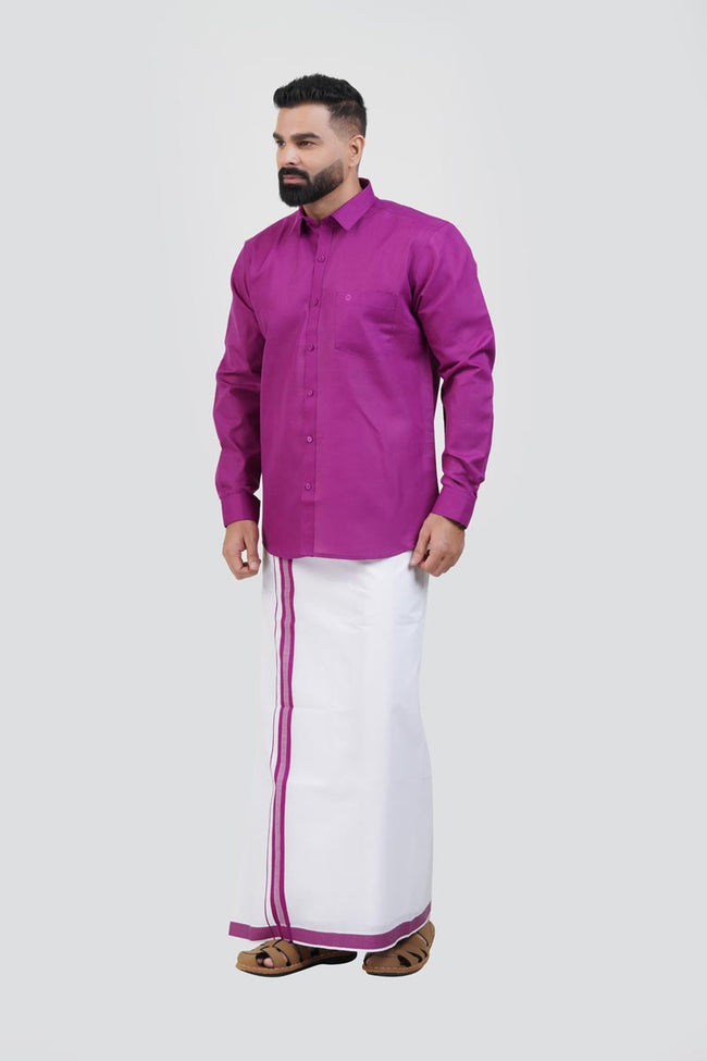Colour Catch Magenta Single Set – Full Sleeve Shirt + Dhoti Set Hover Image